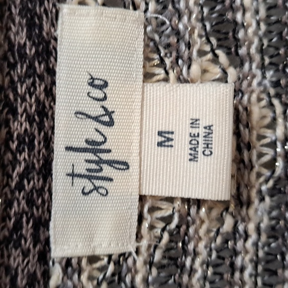 Style & Co Tan,black & cream gold Shimmer Fringe Sweater Cardigan. Size Medium - Picture 9 of 11